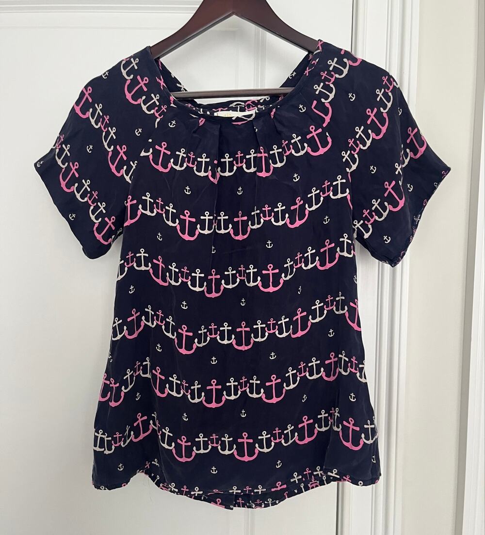Britt Ryan Silk Nautical Anchor Top Navy Pink Sz XS